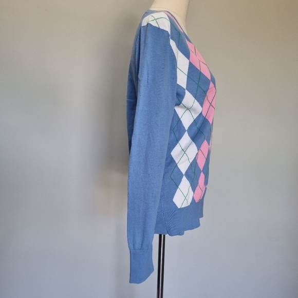 Tommy Hilfiger Blue & Pink Argyle V-Neck Cotton Knit Jumper Size L - Picture 4 of 8